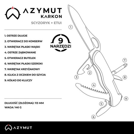 Scyzoryk AZYMUT Karkon 113mm 9 narzędzi kabura Czarny