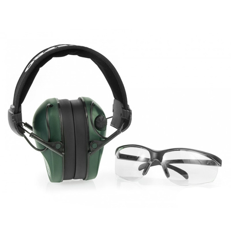 Ochronniki słuchu aktywne PRO Olive RealHunter + okulary strzeleckie